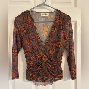 NATURAL LIFE Floral Ruched Blouse - Brown and Pink